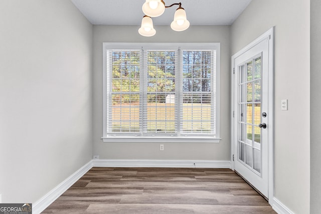 unfurnished dining area with hardwood / wood-style floors and a textured ceiling