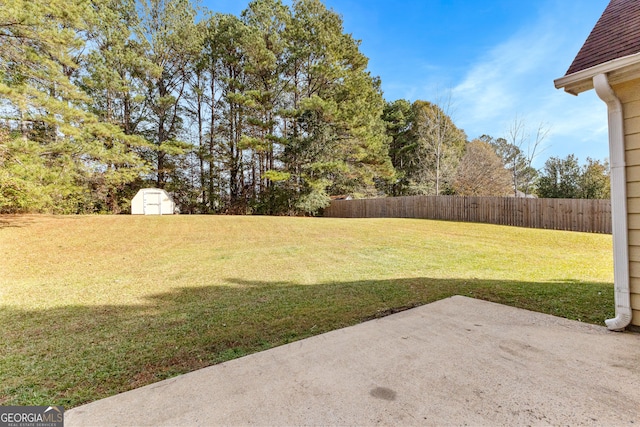 view of yard featuring a patio and a shed