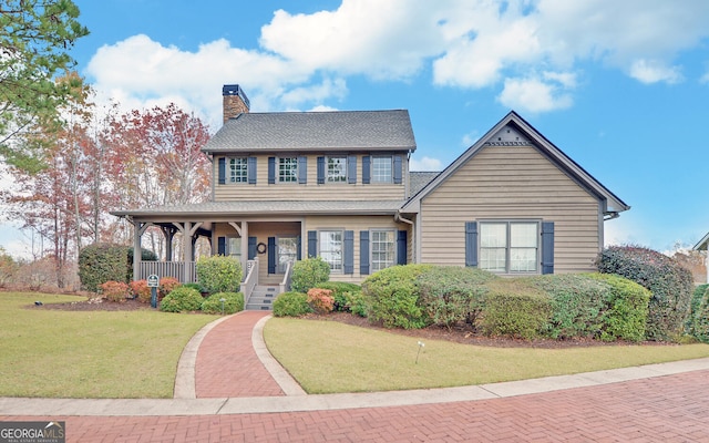 colonial-style house with a front lawn and a porch