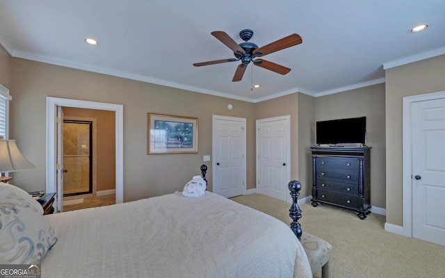 bedroom with ceiling fan, light colored carpet, and crown molding