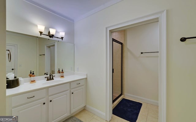 bathroom with tile patterned floors, an enclosed shower, and crown molding