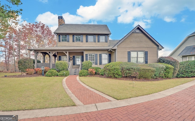 view of front of home with a porch and a front lawn