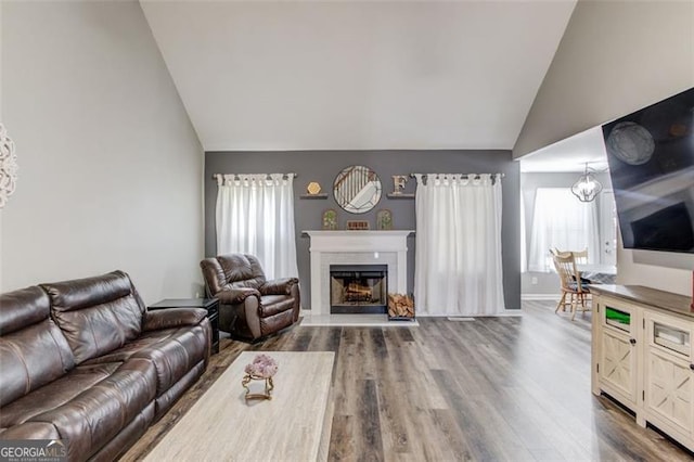 living room with wood-type flooring and vaulted ceiling