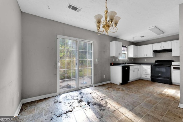 kitchen featuring sink, black appliances, decorative light fixtures, an inviting chandelier, and white cabinets