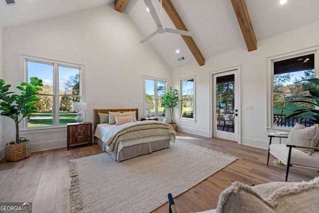 bedroom featuring multiple windows, high vaulted ceiling, access to outside, ceiling fan, and beam ceiling