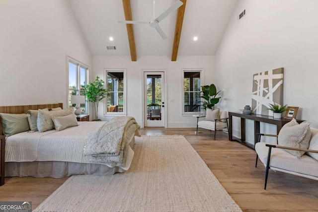 bedroom with high vaulted ceiling, access to exterior, beamed ceiling, and light wood-type flooring