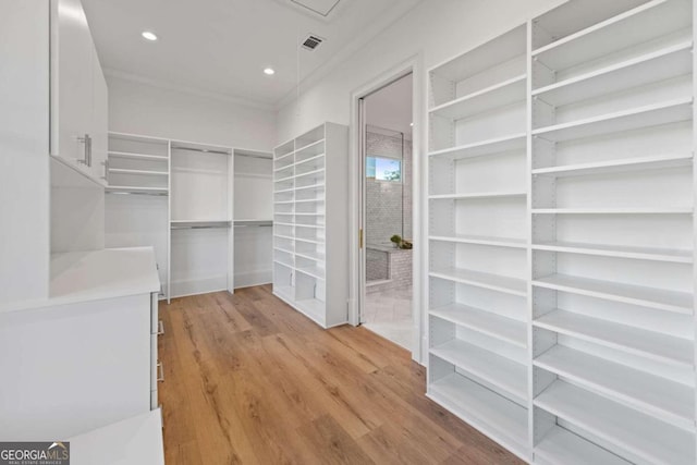 walk in closet with light wood-type flooring