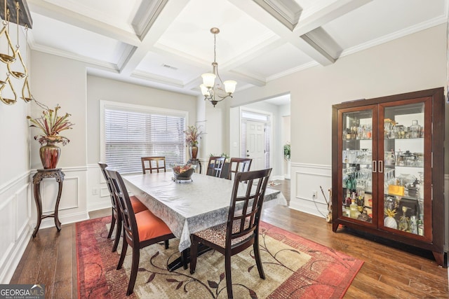 dining room with beam ceiling, coffered ceiling, dark hardwood / wood-style floors, and a notable chandelier