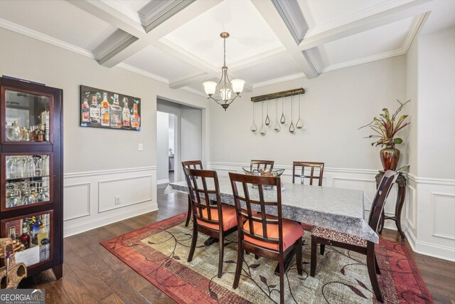 dining room featuring beamed ceiling, dark hardwood / wood-style floors, and coffered ceiling