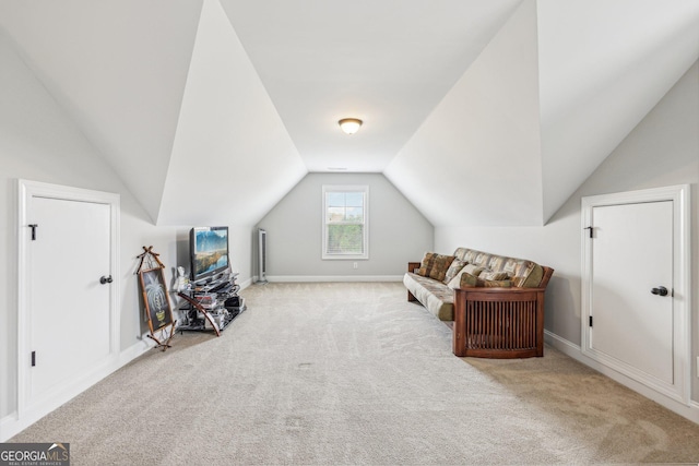 additional living space with light colored carpet and vaulted ceiling