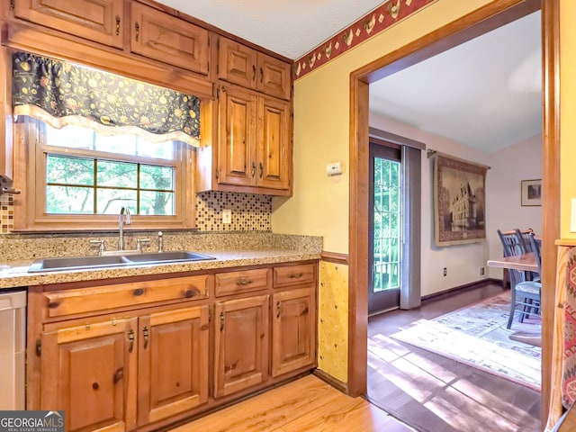 kitchen with backsplash, light hardwood / wood-style floors, stainless steel dishwasher, and sink