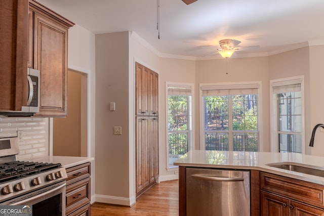 kitchen featuring sink, tasteful backsplash, crown molding, light hardwood / wood-style floors, and appliances with stainless steel finishes