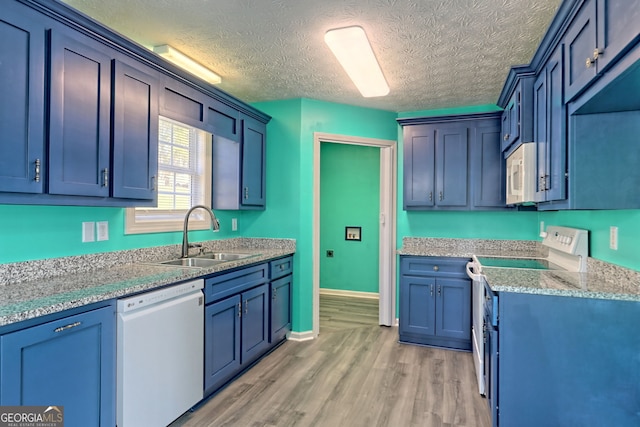 kitchen featuring blue cabinets, white appliances, light wood finished floors, and a sink