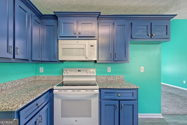 kitchen featuring baseboards, blue cabinets, white appliances, and a textured ceiling