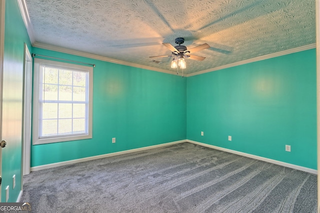 carpeted empty room with a textured ceiling, ceiling fan, and ornamental molding