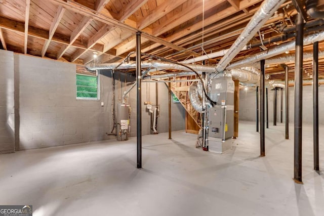 basement with heating unit and gas water heater