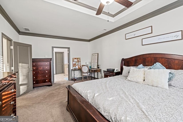 carpeted bedroom featuring ceiling fan and crown molding