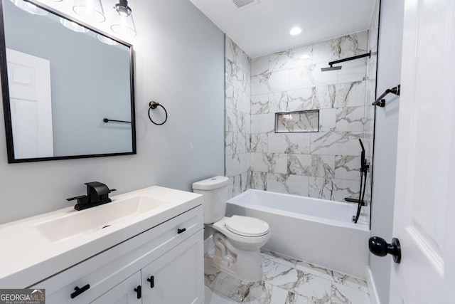 full bath with marble finish floor, recessed lighting, toilet, vanity, and  shower combination