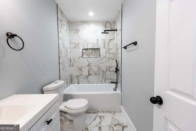 bathroom featuring baseboards, toilet,  shower combination, marble finish floor, and vanity