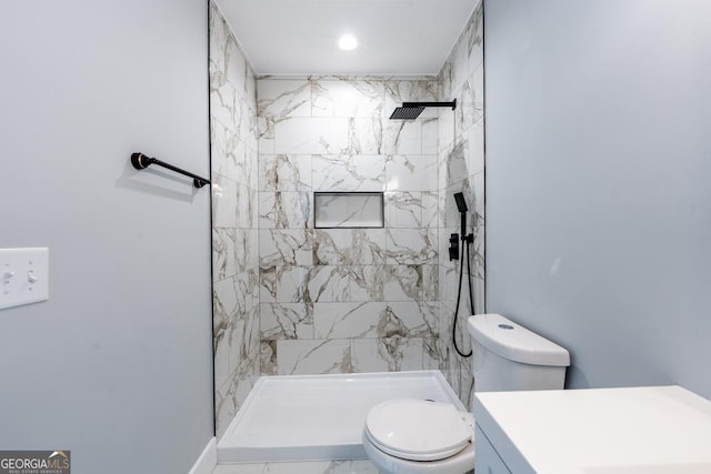 full bath with marble finish floor, recessed lighting, toilet, vanity, and a shower stall