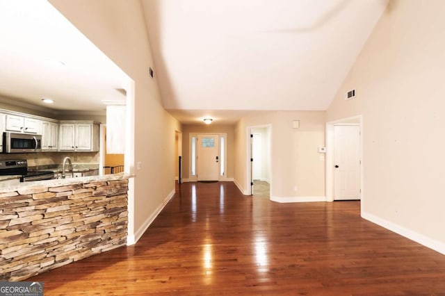 interior space featuring sink, dark wood-type flooring, and high vaulted ceiling