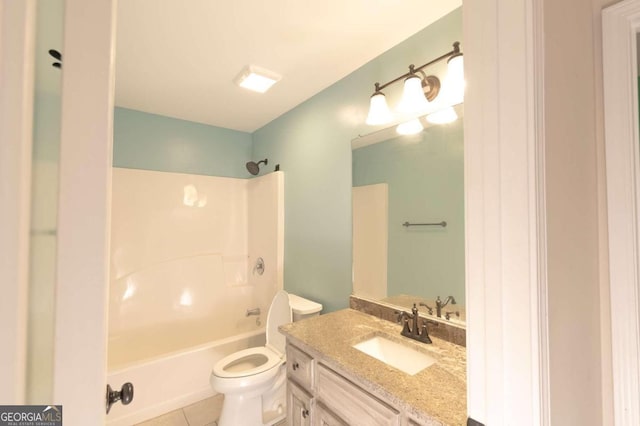 full bathroom featuring tile patterned flooring, shower / tub combination, vanity, and toilet