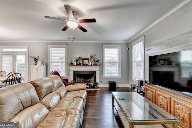 living room with dark hardwood / wood-style floors, ceiling fan, and crown molding