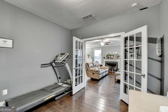 exercise area with vaulted ceiling, ceiling fan, french doors, and dark hardwood / wood-style floors