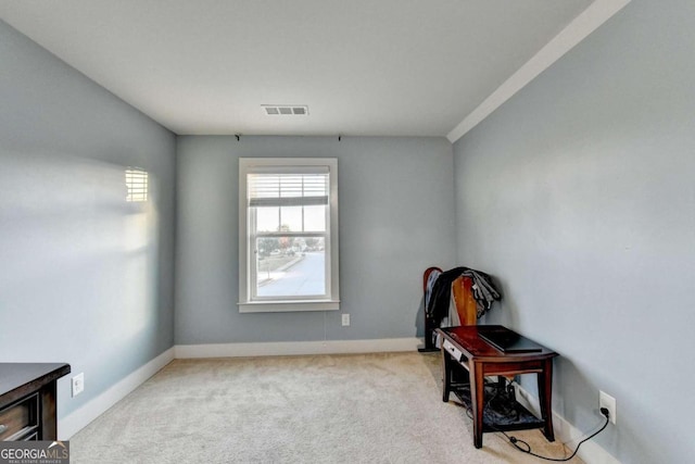 miscellaneous room featuring light colored carpet