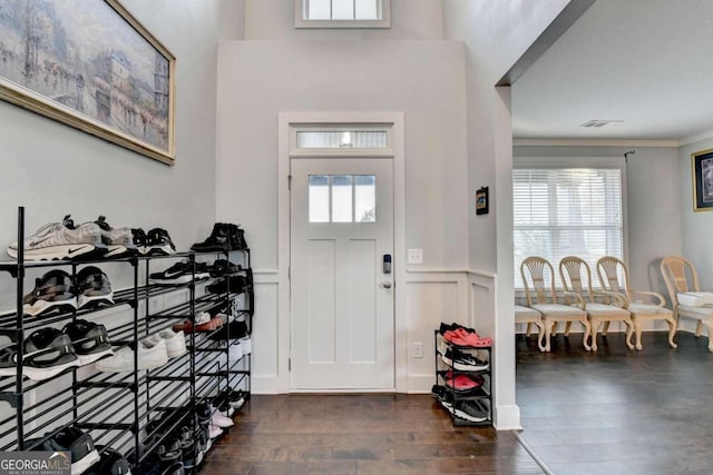 foyer entrance featuring dark hardwood / wood-style flooring, a wealth of natural light, and ornamental molding