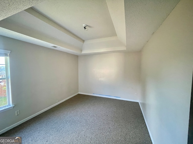 spare room with a raised ceiling, carpet, and a textured ceiling