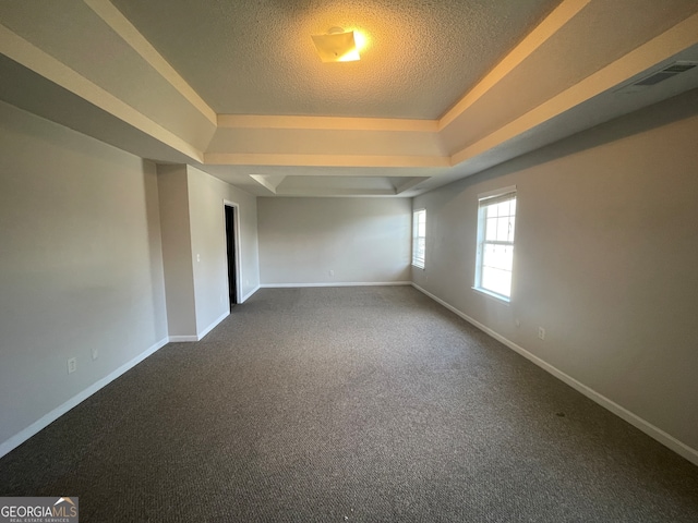 unfurnished room with carpet, a textured ceiling, and a tray ceiling