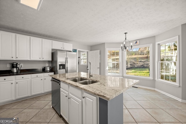 kitchen with appliances with stainless steel finishes, a center island with sink, a healthy amount of sunlight, and sink