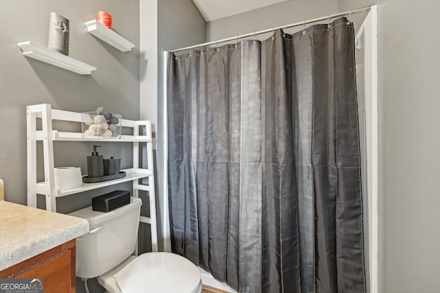 bathroom featuring vanity, a shower with shower curtain, and toilet