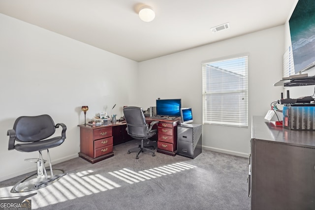 office area featuring light carpet