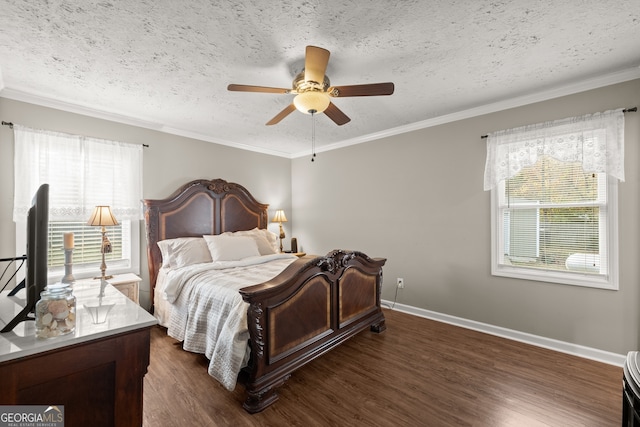 bedroom with a textured ceiling, dark hardwood / wood-style flooring, ceiling fan, and ornamental molding