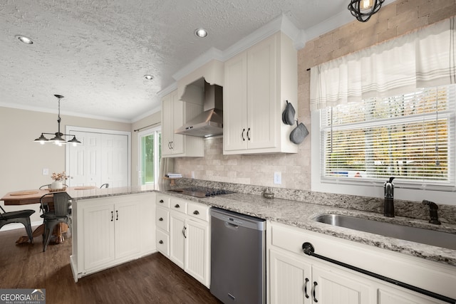 kitchen with dishwasher, dark wood-type flooring, white cabinets, wall chimney range hood, and sink