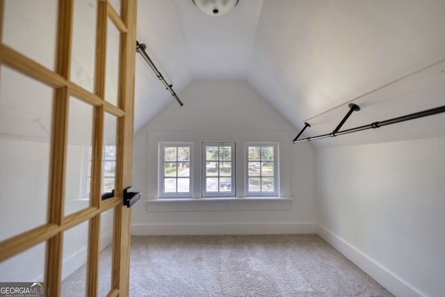 spacious closet with carpet floors and vaulted ceiling