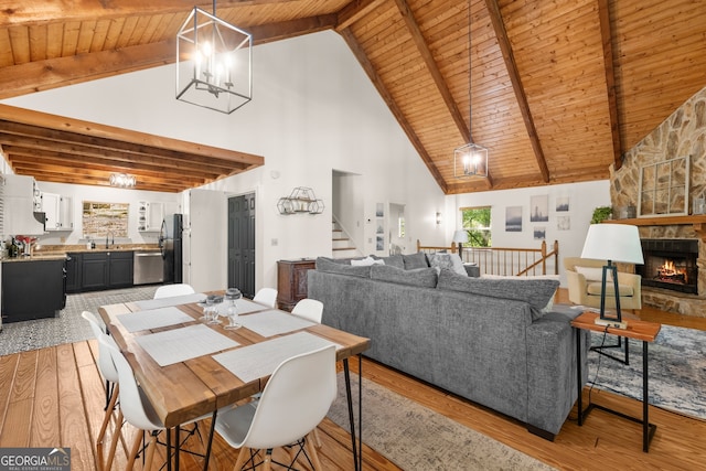 dining area featuring beam ceiling, sink, light hardwood / wood-style flooring, high vaulted ceiling, and a fireplace