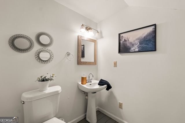 bathroom featuring toilet and lofted ceiling