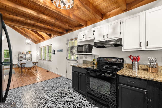 kitchen featuring white cabinets, dark hardwood / wood-style flooring, hanging light fixtures, and black appliances