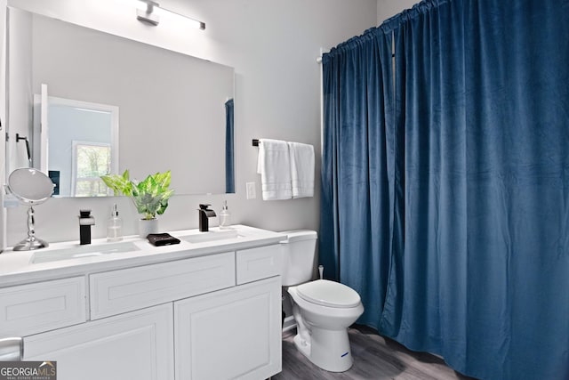 bathroom featuring vanity, wood-type flooring, and toilet