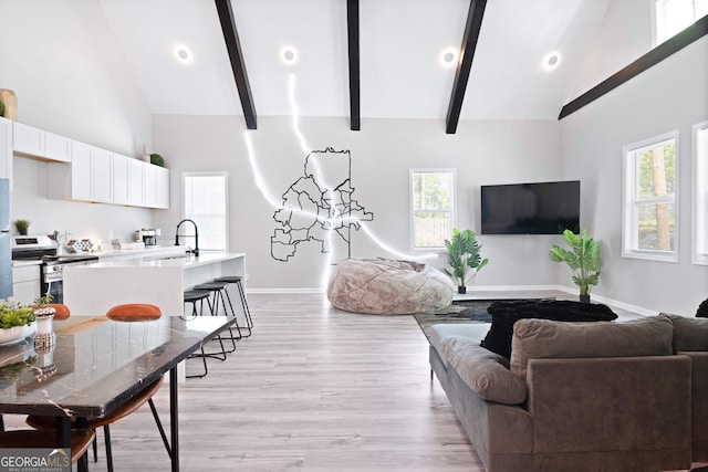 living room featuring beam ceiling, light hardwood / wood-style flooring, high vaulted ceiling, and a wealth of natural light