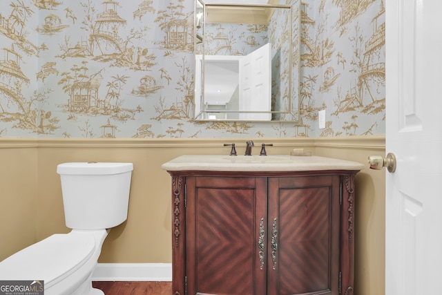 bathroom featuring vanity, wood-type flooring, and toilet