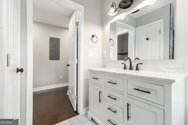 bathroom with electric panel and vanity