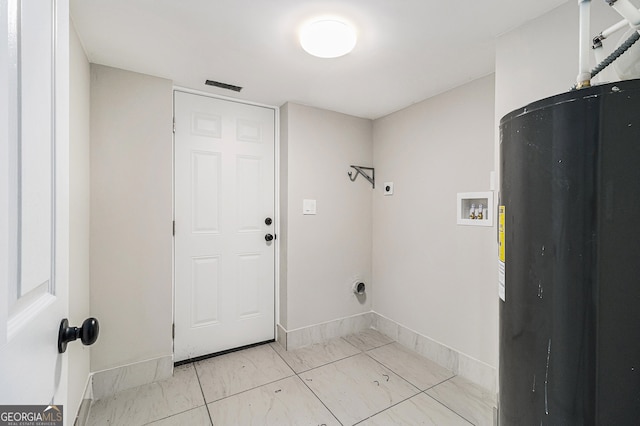 laundry room with electric dryer hookup, electric water heater, and hookup for a washing machine