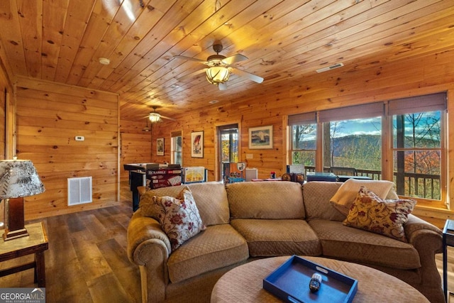 living room with wooden ceiling, dark hardwood / wood-style floors, ceiling fan, and wooden walls