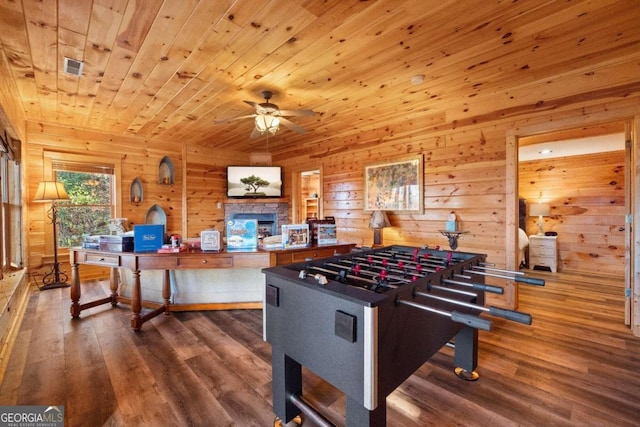 game room with hardwood / wood-style floors, ceiling fan, wood walls, and wooden ceiling