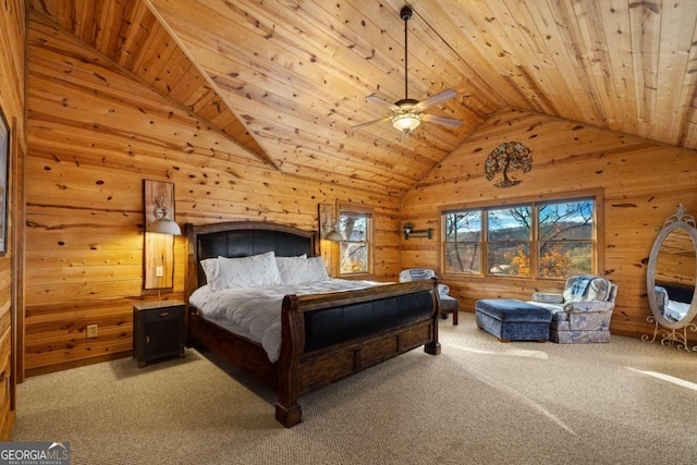 bedroom featuring carpet flooring, ceiling fan, and wood walls