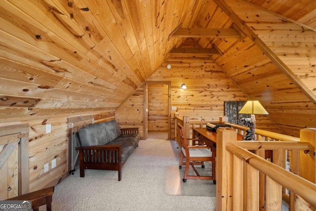 carpeted office space with vaulted ceiling, wooden ceiling, and wood walls